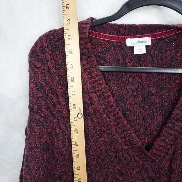 Sundance Sweater Womens Large Chenille Cable Knit Maroon Red Black Marled V-Neck - Picture 10 of 12